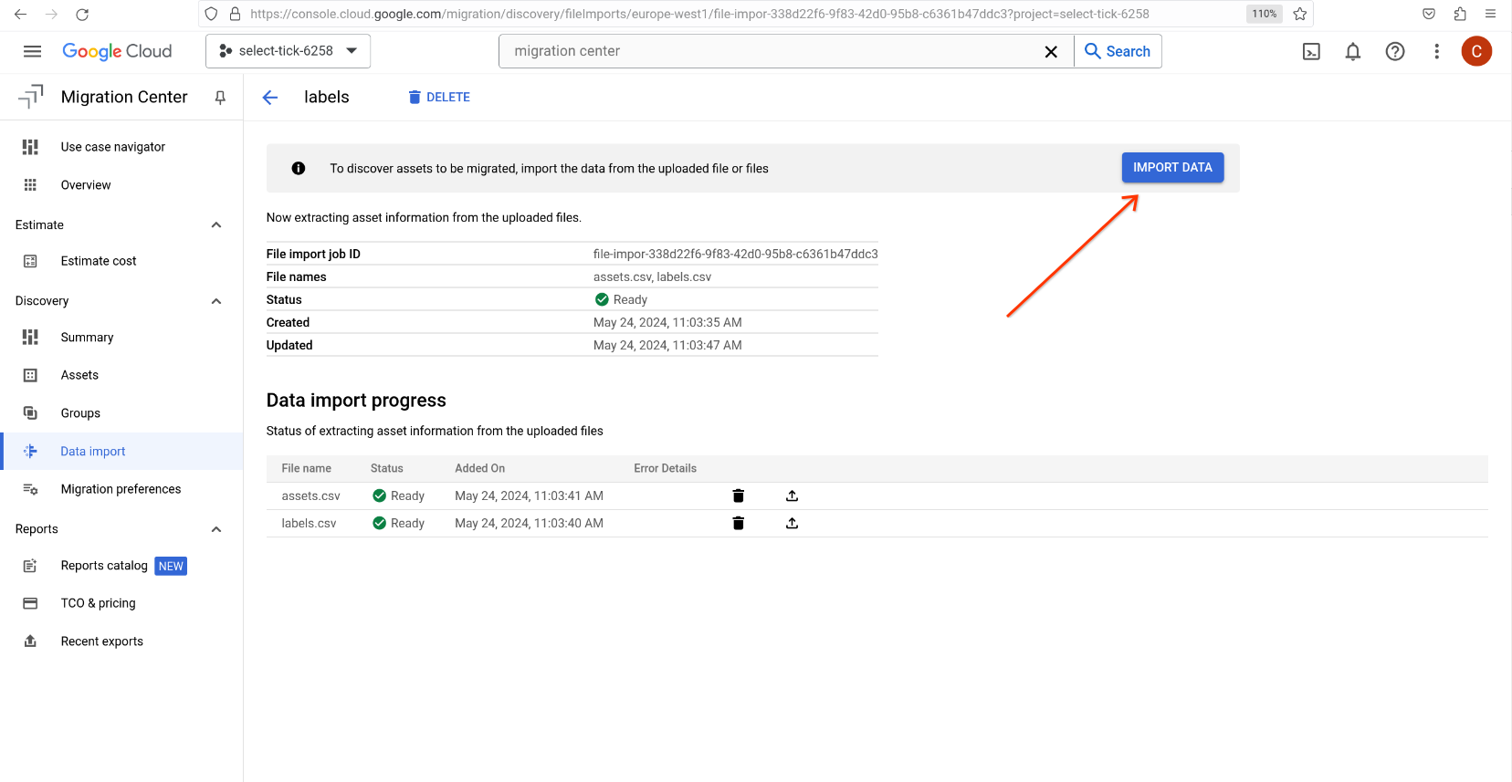 Import data screen